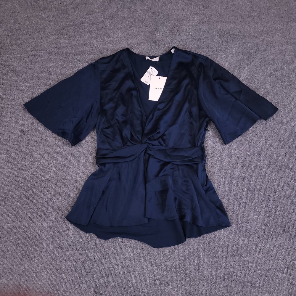 ALC A.L.C. Women's Blue Silk Blend Wrap Top Size 6 V-Neck Peplum Blouse $350 MSP
